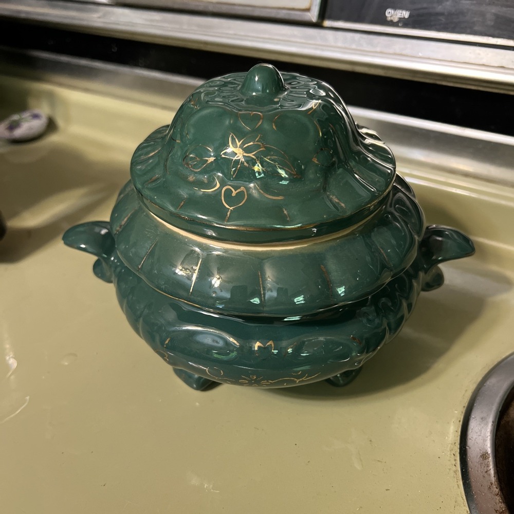 Vintage GCI Green Glazed Footed Candy Jar With Handles Hand Painted Gold Trim